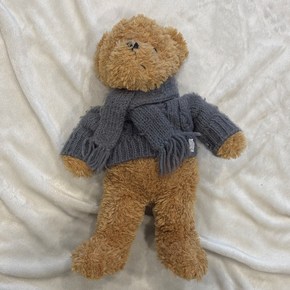 Vintage Cozy Brown Teddy Bear with Gray Sweater and Scarf